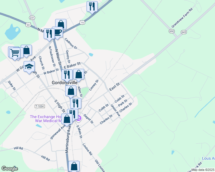 map of restaurants, bars, coffee shops, grocery stores, and more near 334 East Street in Gordonsville