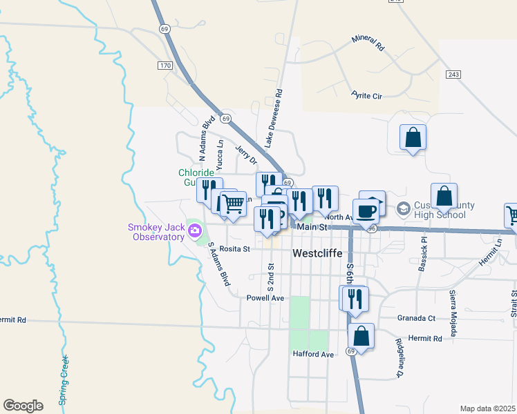 map of restaurants, bars, coffee shops, grocery stores, and more near 2-14 Lea Lane in Westcliffe