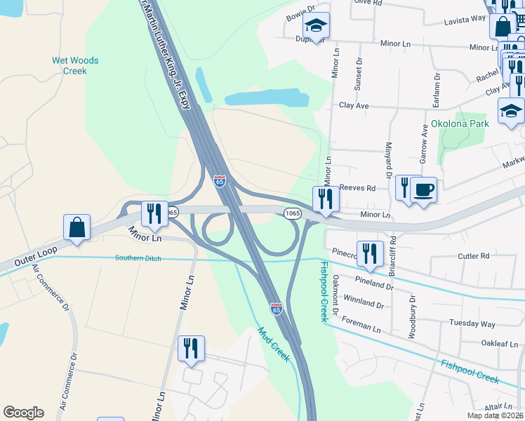 map of restaurants, bars, coffee shops, grocery stores, and more near Outer Loop in Louisville