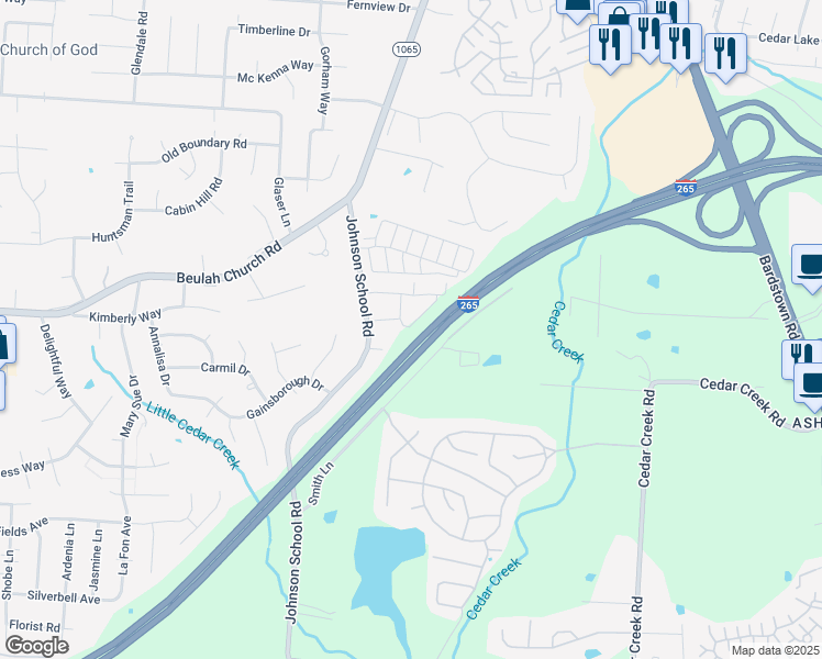 map of restaurants, bars, coffee shops, grocery stores, and more near 9419 Magnolia Ridge Drive in Louisville