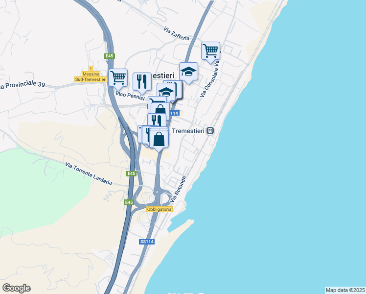 map of restaurants, bars, coffee shops, grocery stores, and more near 277 Località Tremestieri in Messina