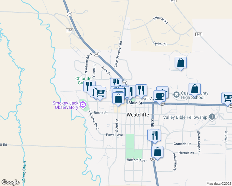 map of restaurants, bars, coffee shops, grocery stores, and more near 116 North 2nd Street in Westcliffe