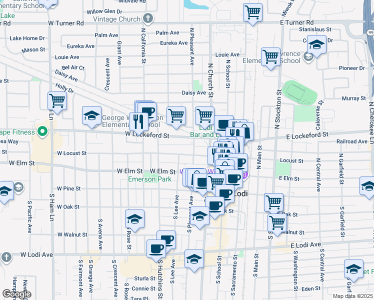 map of restaurants, bars, coffee shops, grocery stores, and more near 310 West Lockeford Street in Lodi