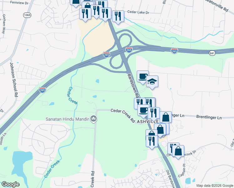 map of restaurants, bars, coffee shops, grocery stores, and more near 9600 Bartley Drive in Louisville