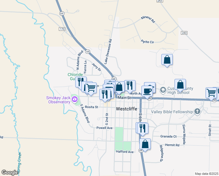 map of restaurants, bars, coffee shops, grocery stores, and more near 2 Lea Lane in Silver Cliff