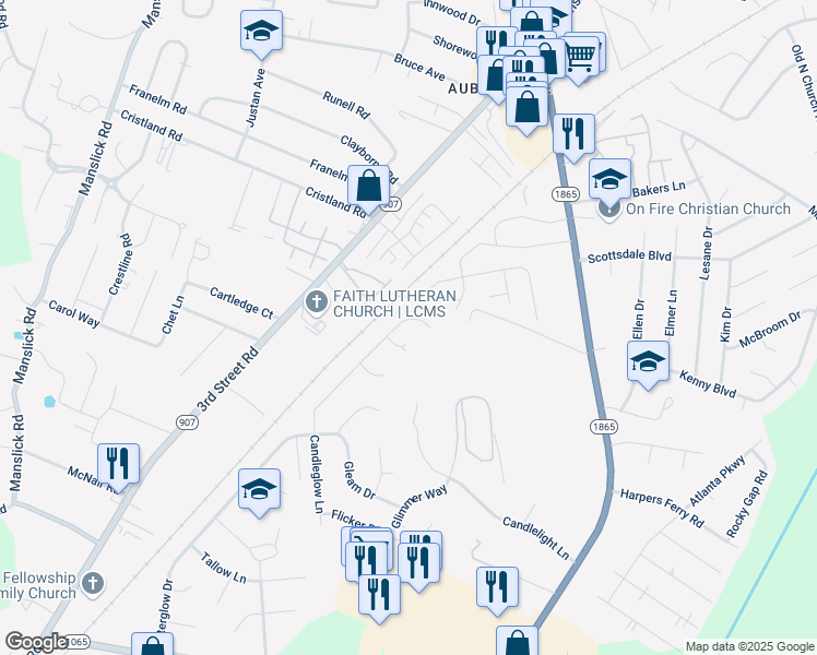 map of restaurants, bars, coffee shops, grocery stores, and more near 7910 Candleglow Lane in Louisville