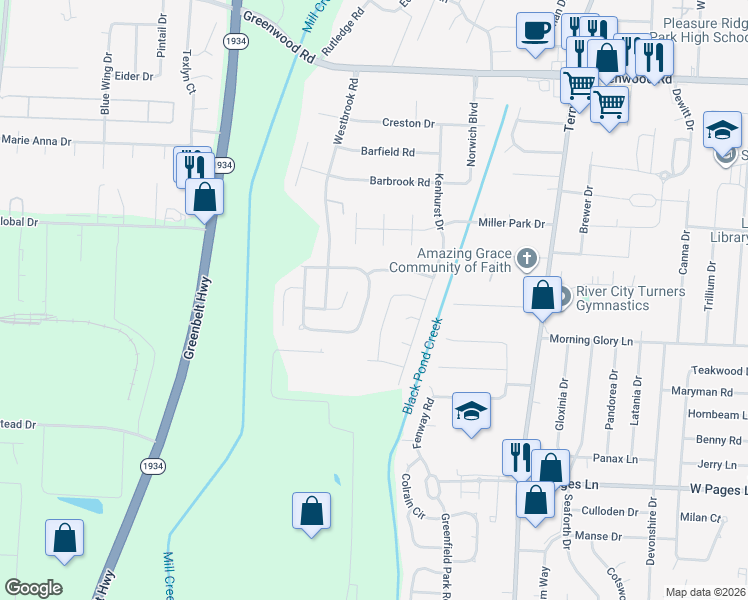 map of restaurants, bars, coffee shops, grocery stores, and more near 9706 Brooks Bend Road in Louisville
