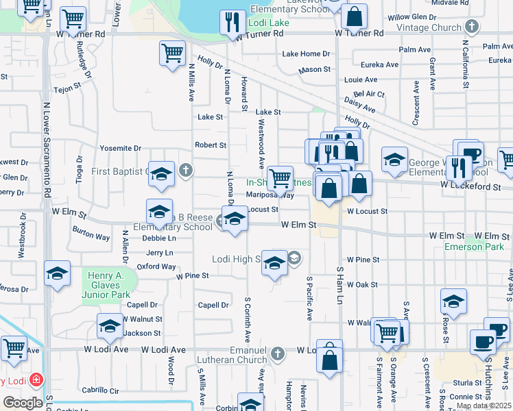 map of restaurants, bars, coffee shops, grocery stores, and more near 1607 West Locust Street in Lodi