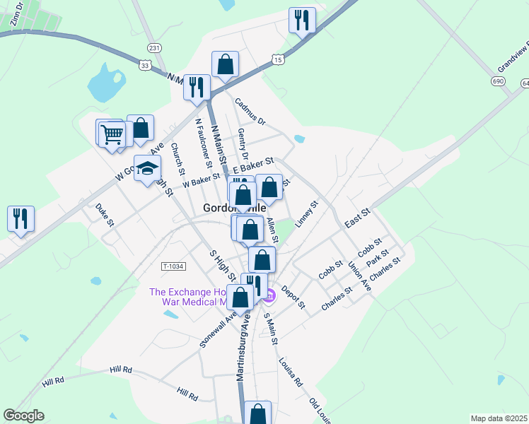 map of restaurants, bars, coffee shops, grocery stores, and more near 205 Allen Street in Gordonsville