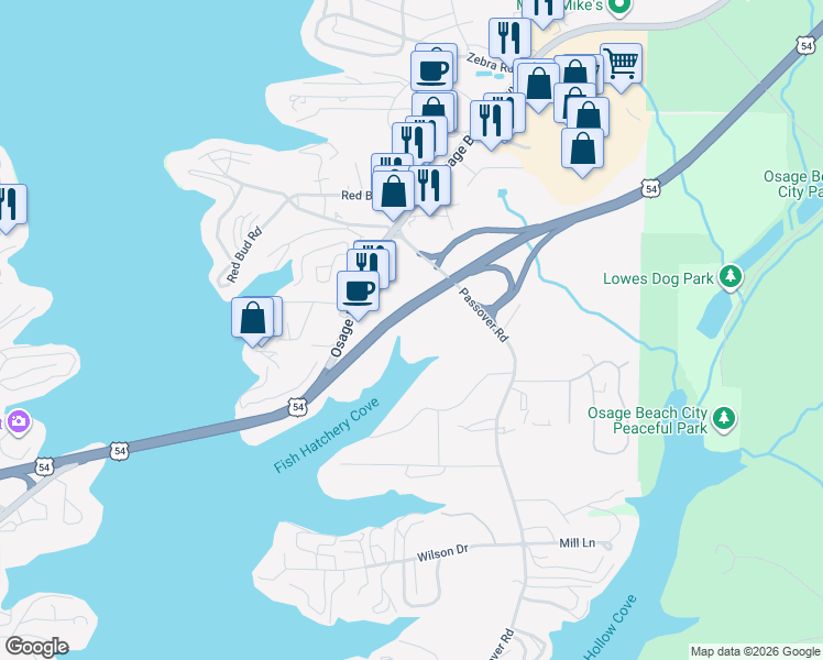map of restaurants, bars, coffee shops, grocery stores, and more near 4834 Osage Beach Parkway in Osage Beach