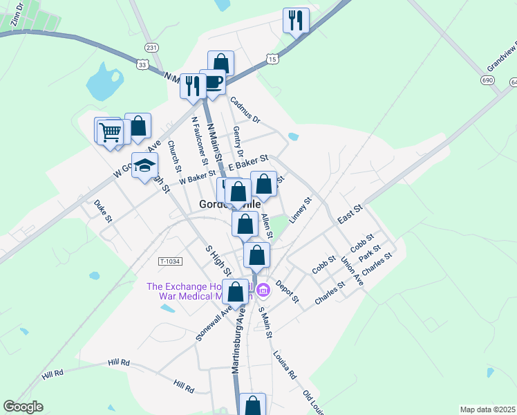 map of restaurants, bars, coffee shops, grocery stores, and more near 205 Allen Street in Gordonsville