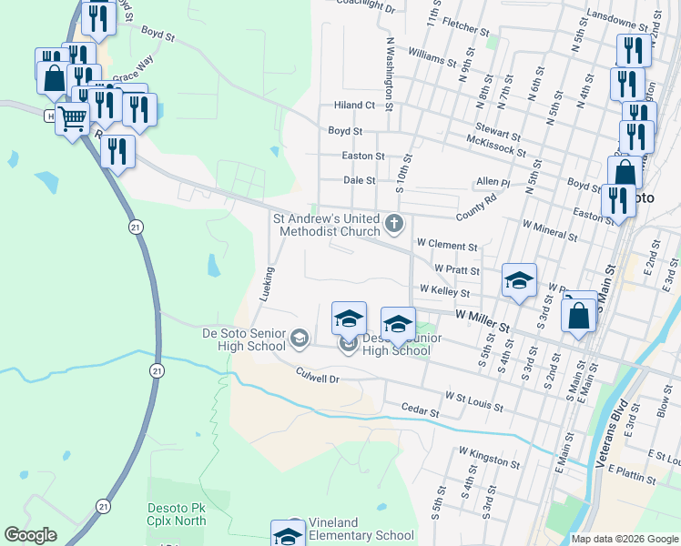 map of restaurants, bars, coffee shops, grocery stores, and more near 1311 Court Drive in De Soto