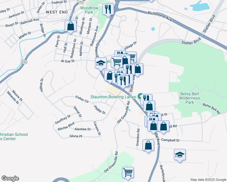 map of restaurants, bars, coffee shops, grocery stores, and more near 632 Charles Street in Staunton
