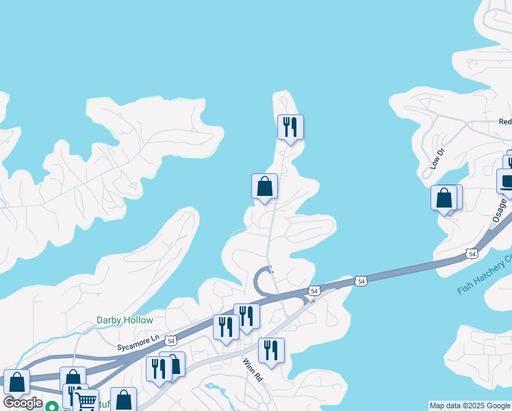 map of restaurants, bars, coffee shops, grocery stores, and more near 1183 Jeffries Road in Osage Beach