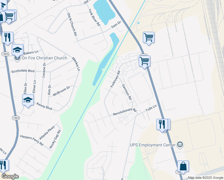 map of restaurants, bars, coffee shops, grocery stores, and more near 7405 Yorktown Road in Louisville