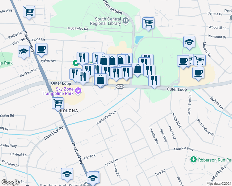 map of restaurants, bars, coffee shops, grocery stores, and more near 4513 Lambert Road in Louisville