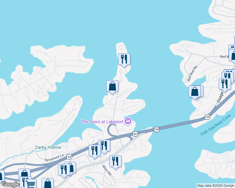 map of restaurants, bars, coffee shops, grocery stores, and more near 335 Wyndy Lane in Osage Beach