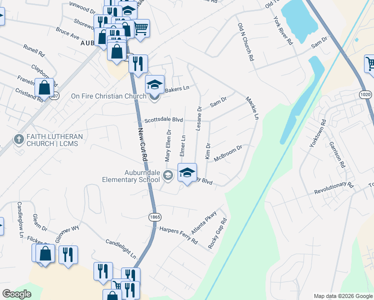 map of restaurants, bars, coffee shops, grocery stores, and more near 5707 Elmer Lane in Louisville