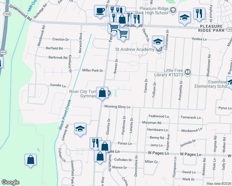 map of restaurants, bars, coffee shops, grocery stores, and more near 8009R Terry Road in Louisville