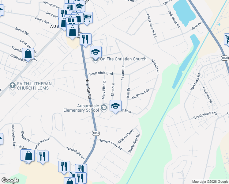 map of restaurants, bars, coffee shops, grocery stores, and more near 5709 Elmer Lane in Louisville