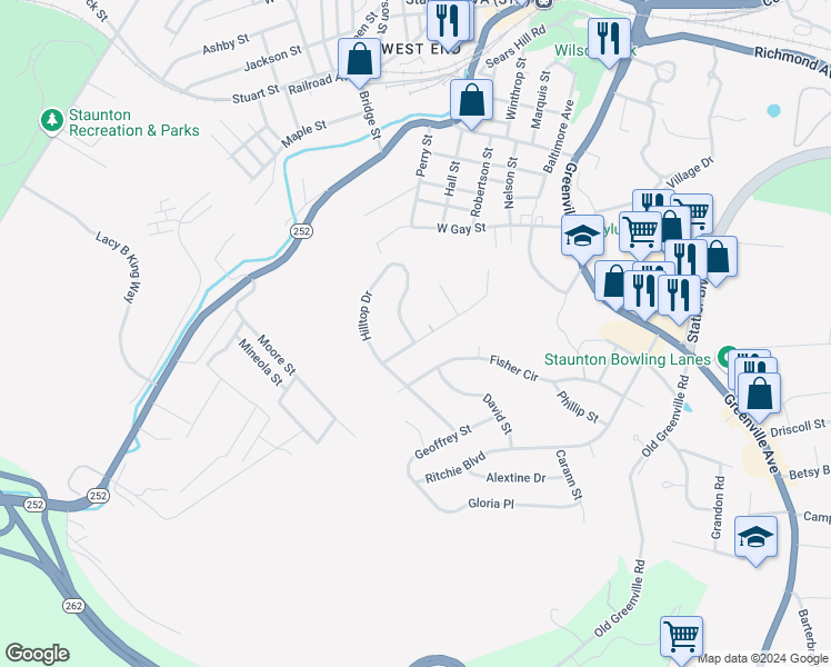 map of restaurants, bars, coffee shops, grocery stores, and more near 541 Hilltop Drive in Staunton