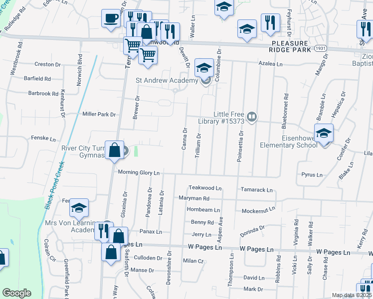 map of restaurants, bars, coffee shops, grocery stores, and more near 8003 Canna Drive in Louisville