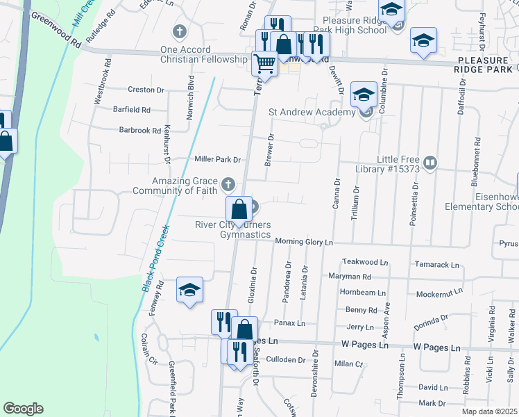 map of restaurants, bars, coffee shops, grocery stores, and more near 8009R Terry Road in Louisville