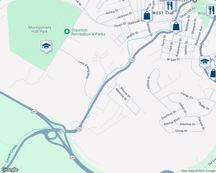 map of restaurants, bars, coffee shops, grocery stores, and more near 1016 Middlebrook Avenue in Staunton