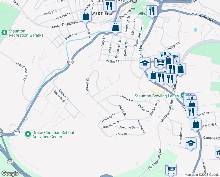 map of restaurants, bars, coffee shops, grocery stores, and more near 822 Paul Street in Staunton