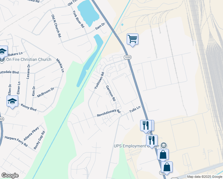 map of restaurants, bars, coffee shops, grocery stores, and more near 7417 Garrison Road in Louisville