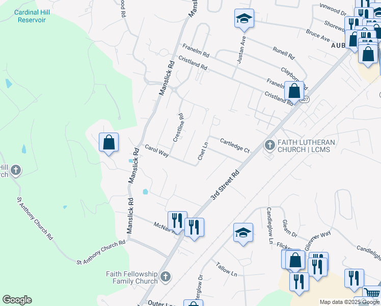 map of restaurants, bars, coffee shops, grocery stores, and more near 7717 Burr Lane in Louisville