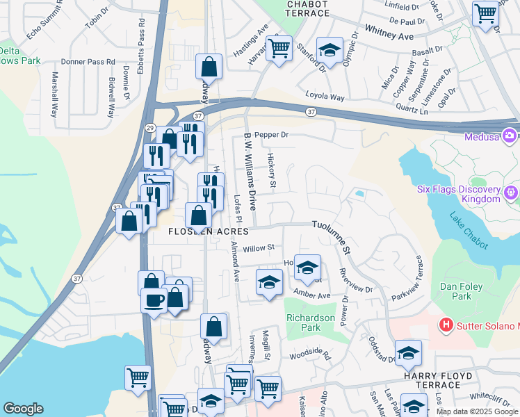 map of restaurants, bars, coffee shops, grocery stores, and more near 2700 Tuolumne Street in Vallejo