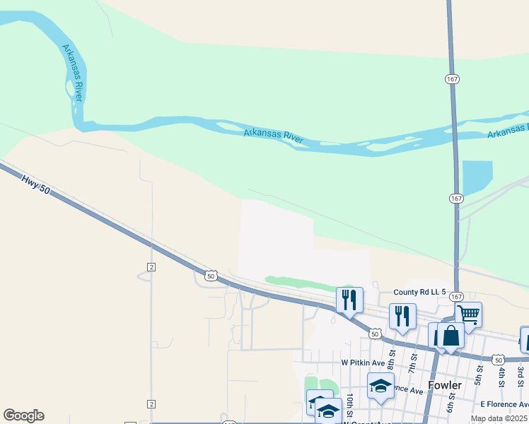 map of restaurants, bars, coffee shops, grocery stores, and more near 2 U.S. 50 in Fowler