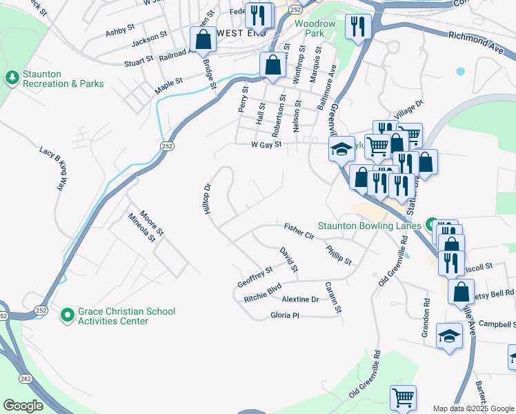 map of restaurants, bars, coffee shops, grocery stores, and more near 822 Paul Street in Staunton