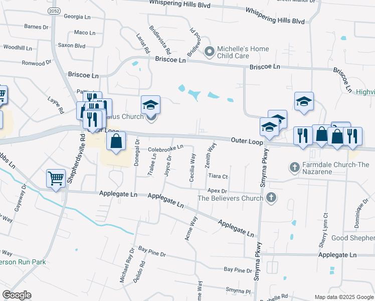 map of restaurants, bars, coffee shops, grocery stores, and more near 6016 Colebrooke Lane in Louisville