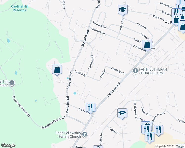 map of restaurants, bars, coffee shops, grocery stores, and more near 7717 Burr Lane in Louisville