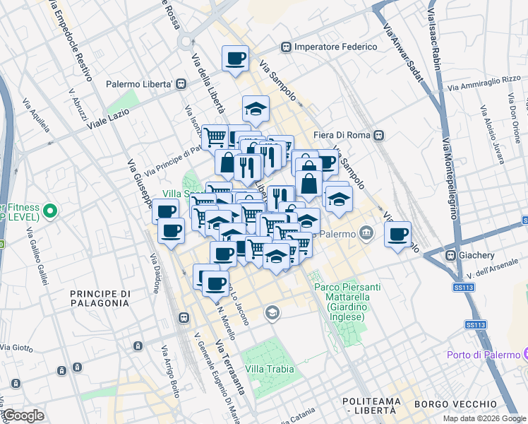 map of restaurants, bars, coffee shops, grocery stores, and more near 72 Via della Libertà in Palermo