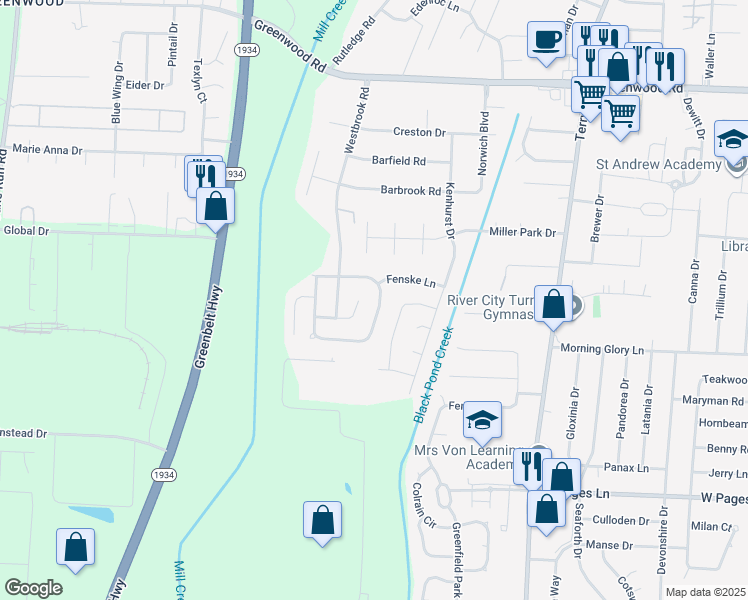 map of restaurants, bars, coffee shops, grocery stores, and more near 9706 Brooks Bend Road in Louisville