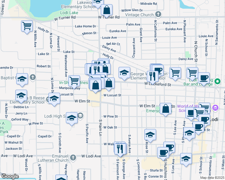 map of restaurants, bars, coffee shops, grocery stores, and more near 215 North Fairmont Avenue in Lodi