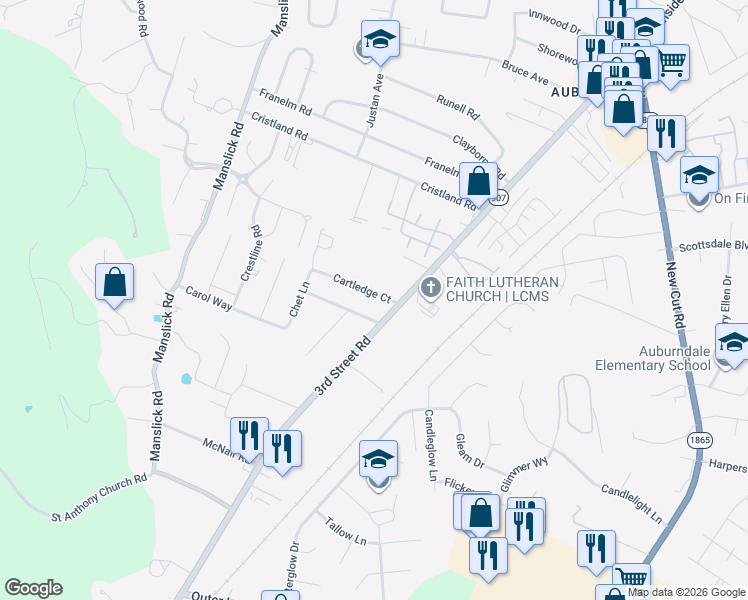 map of restaurants, bars, coffee shops, grocery stores, and more near 5534 Cartledge Court in Louisville