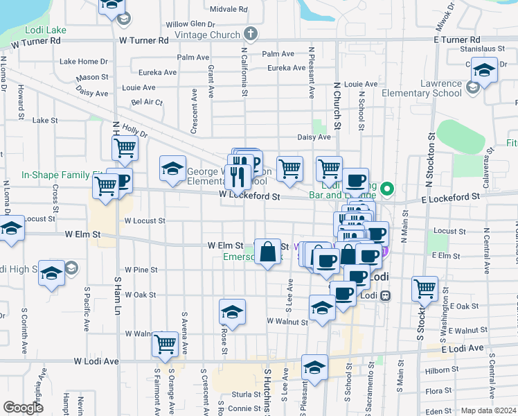 map of restaurants, bars, coffee shops, grocery stores, and more near 225 North Hutchins Street in Lodi