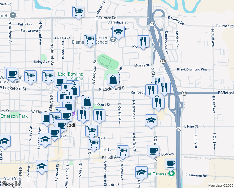 map of restaurants, bars, coffee shops, grocery stores, and more near 233 North Central Avenue in Lodi