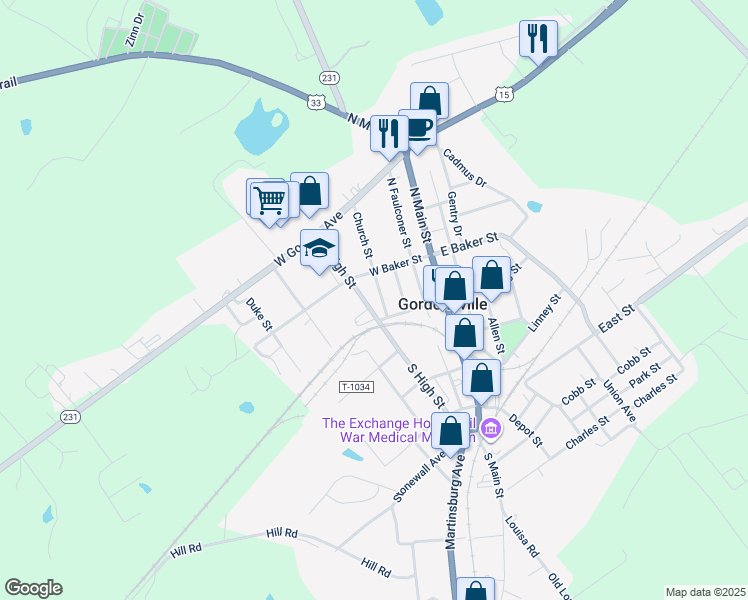 map of restaurants, bars, coffee shops, grocery stores, and more near 306 North High Street in Gordonsville