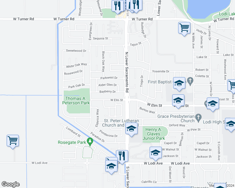 map of restaurants, bars, coffee shops, grocery stores, and more near 2524 Bayberry Drive in Lodi