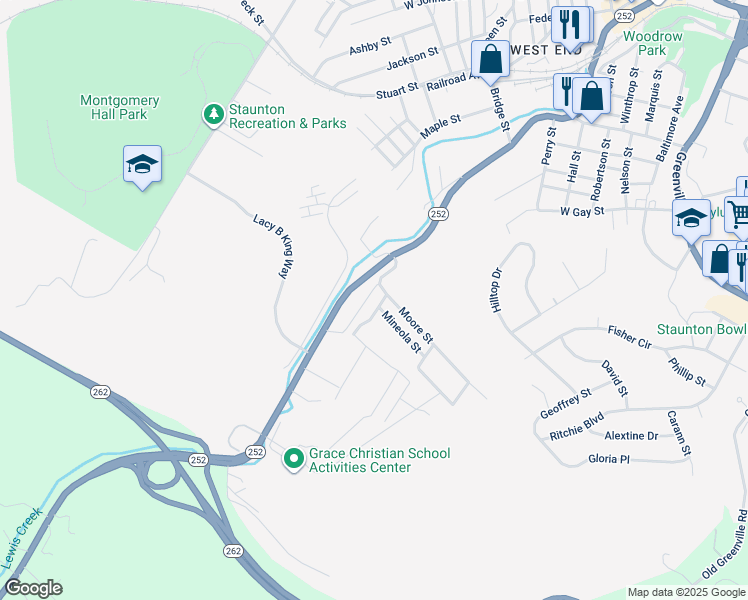 map of restaurants, bars, coffee shops, grocery stores, and more near 1009 Blackburn Street in Staunton