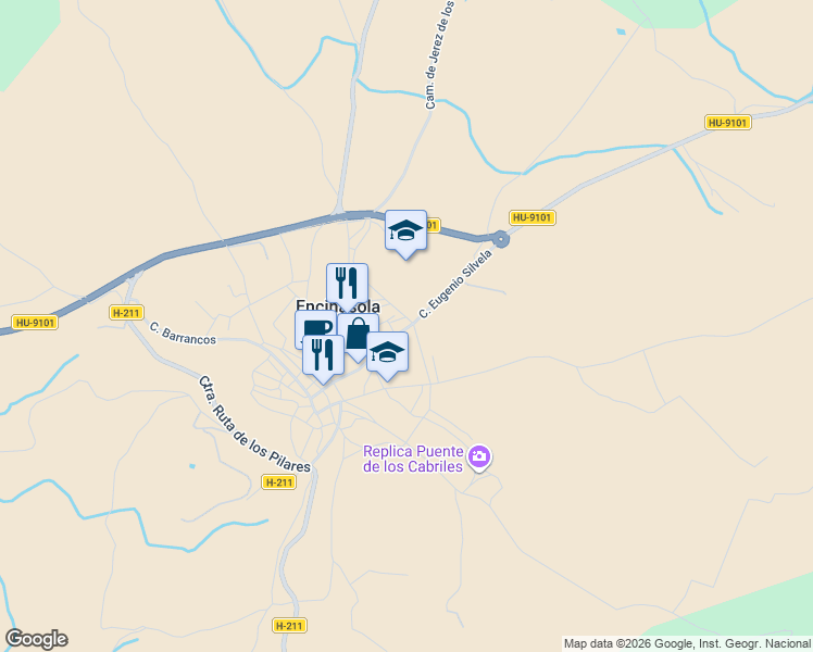 map of restaurants, bars, coffee shops, grocery stores, and more near 37 Calle Abel Moreno in Encinasola