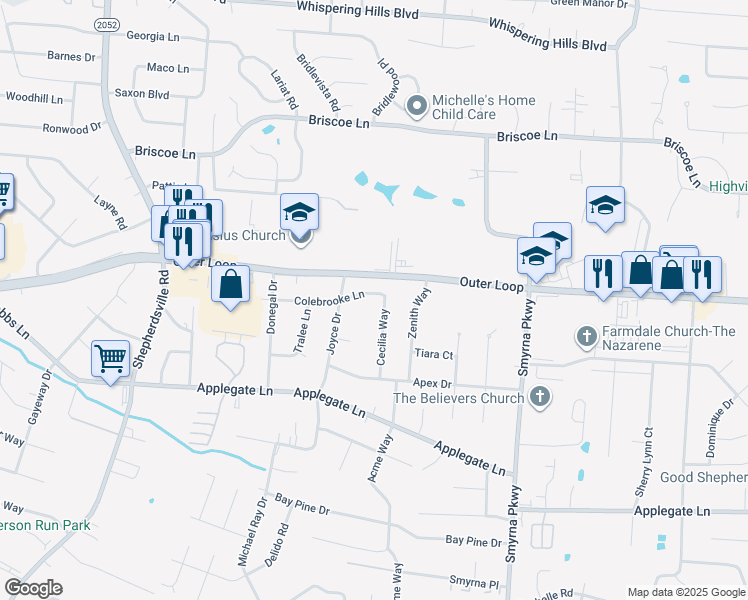 map of restaurants, bars, coffee shops, grocery stores, and more near 6016 Colebrooke Lane in Louisville