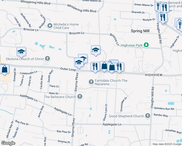 map of restaurants, bars, coffee shops, grocery stores, and more near 6446 Outer Loop in Louisville
