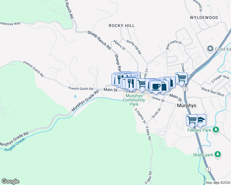 map of restaurants, bars, coffee shops, grocery stores, and more near 513 Main St in Murphys