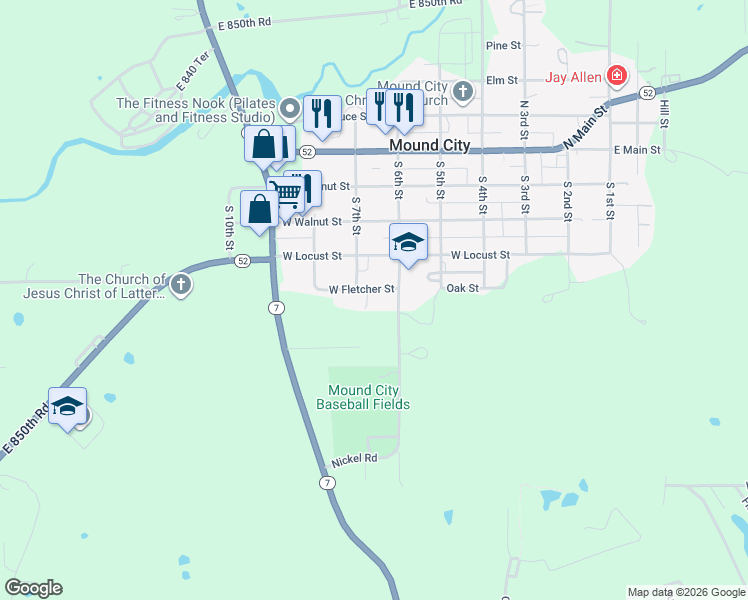 map of restaurants, bars, coffee shops, grocery stores, and more near 631 West Fletcher Street in Mound City